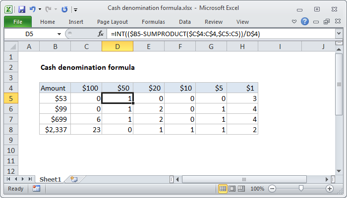 Cash Denomination Formula In Excel